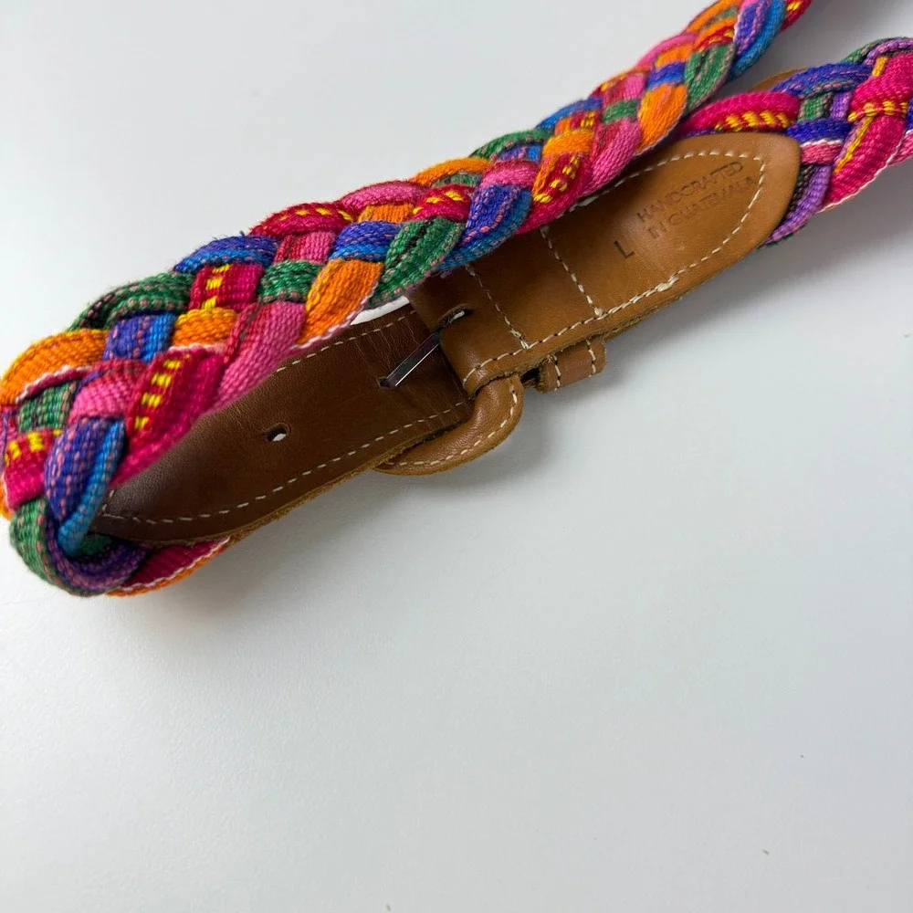 Braided Buckle Belt Woven Colorful Leather Boho Hippie Artisan Handcrafted Large